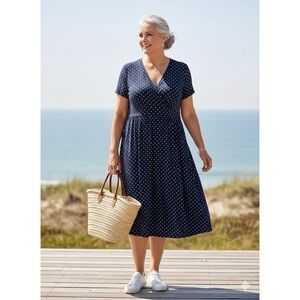 L.L. Bean Plus Size 3X Navy White Polka Dot Knit Dress Costal Preppy Minimalist